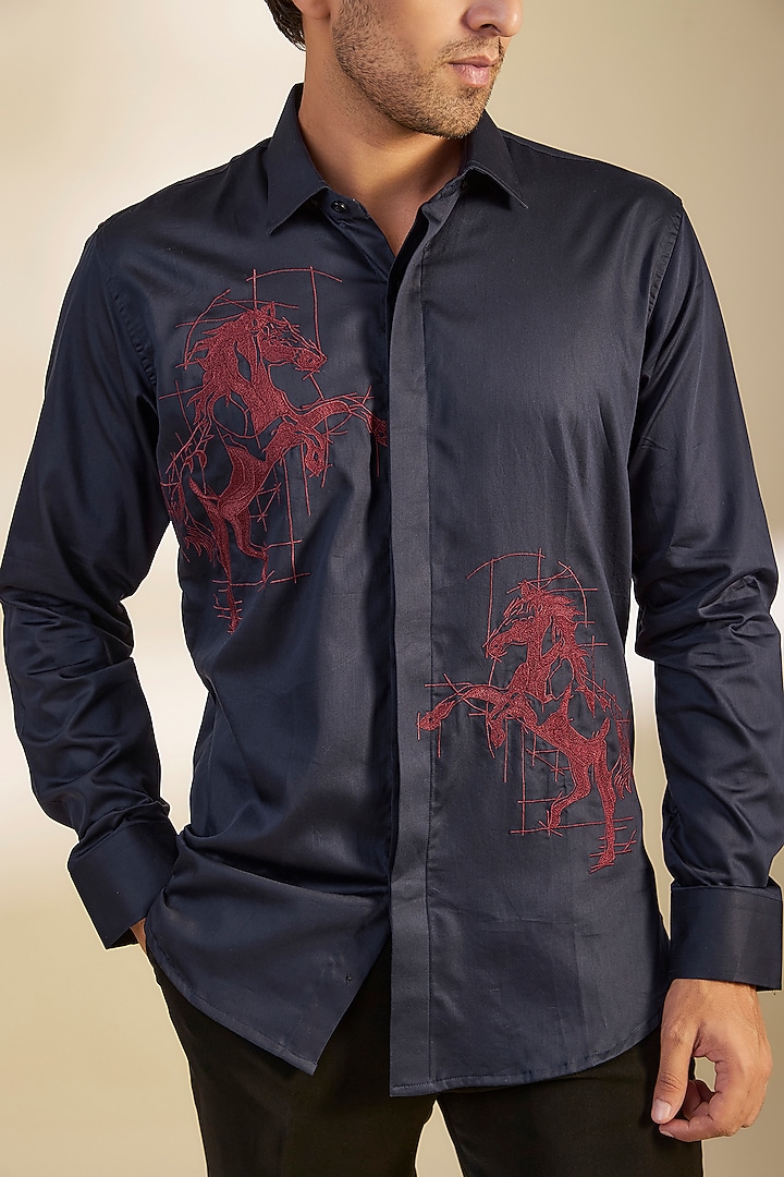 Navy Blue Cotton Pintuck Shirt by Sarab Khanijou at Pernia's Pop Up Shop