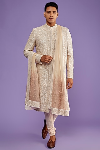 Onion Pink Raw Silk Embroidered Sherwani Set by Sarab Khanijou
