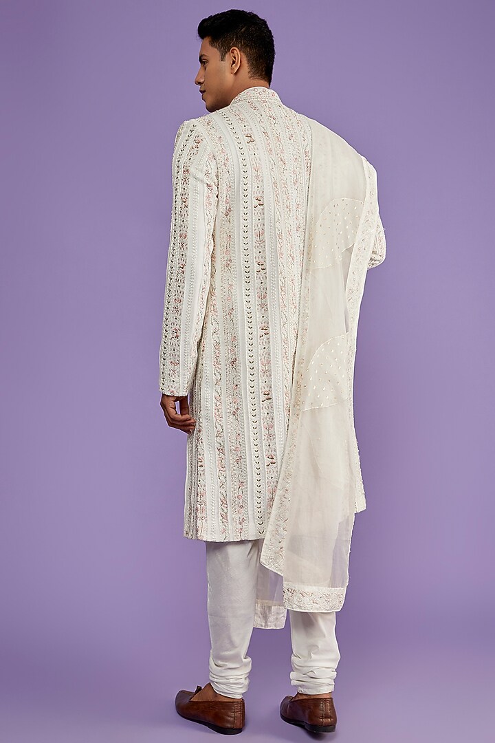 Ivory Herringbone Embroidered Groom Sherwani Set by Sarab Khanijou at Pernia's Pop Up Shop