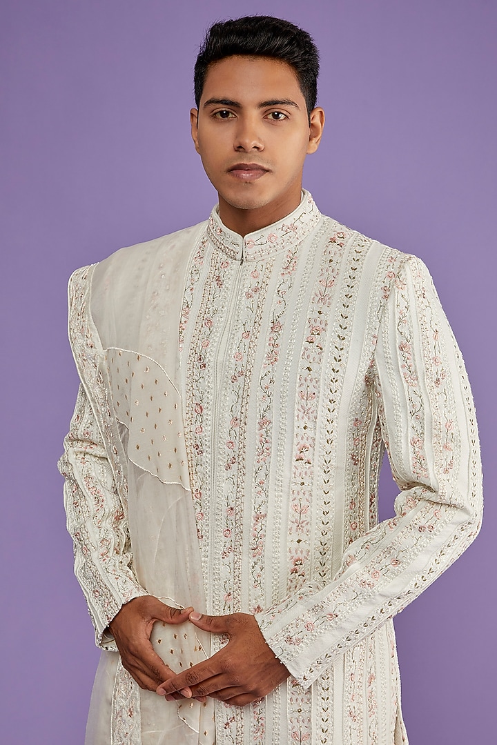 Ivory Herringbone Embroidered Groom Sherwani Set by Sarab Khanijou at Pernia's Pop Up Shop