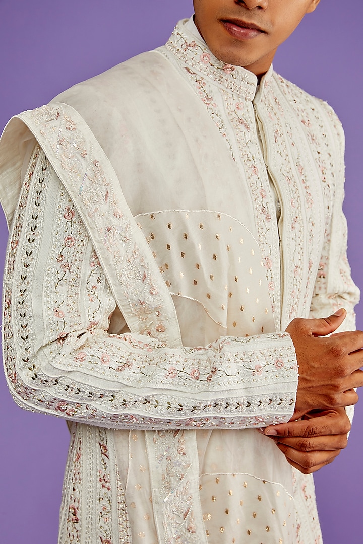Ivory Herringbone Embroidered Groom Sherwani Set by Sarab Khanijou at Pernia's Pop Up Shop