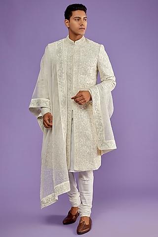Ivory Raw Silk Embroidered Sherwani Set by Sarab Khanijou