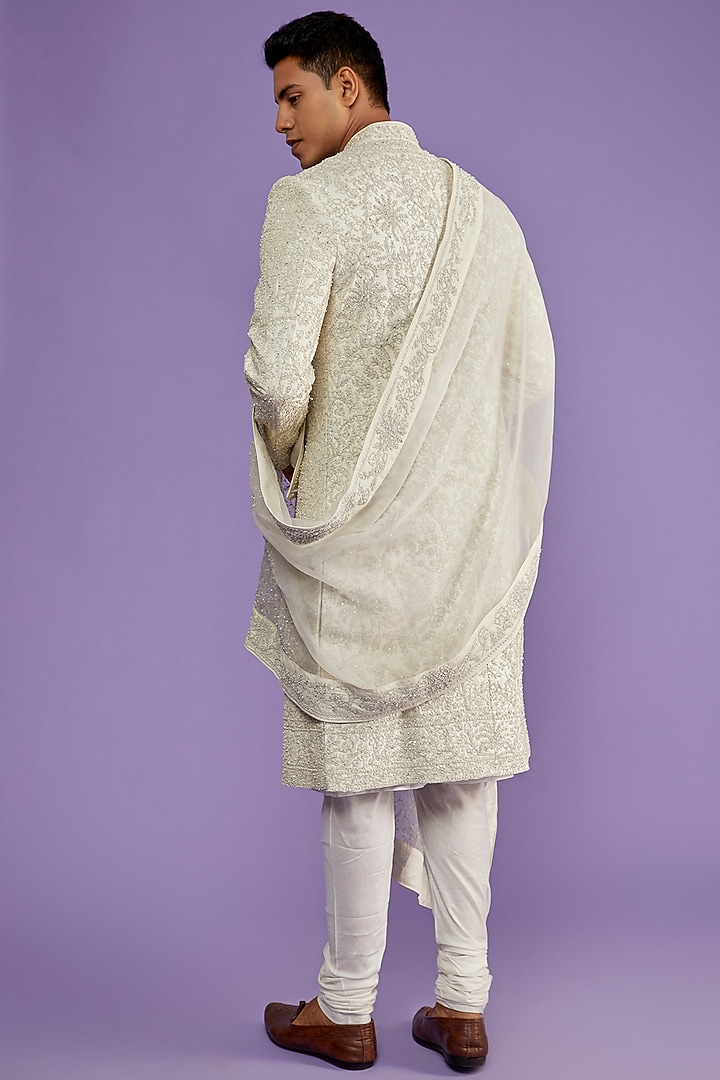 Ivory Raw Silk Embroidered Groom Sherwani Set by Sarab Khanijou at Pernia's Pop Up Shop