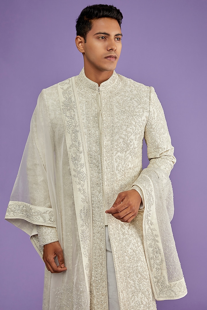 Ivory Raw Silk Embroidered Groom Sherwani Set by Sarab Khanijou at Pernia's Pop Up Shop