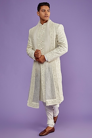 Ivory Raw Silk Embroidered Sherwani Set by Sarab Khanijou