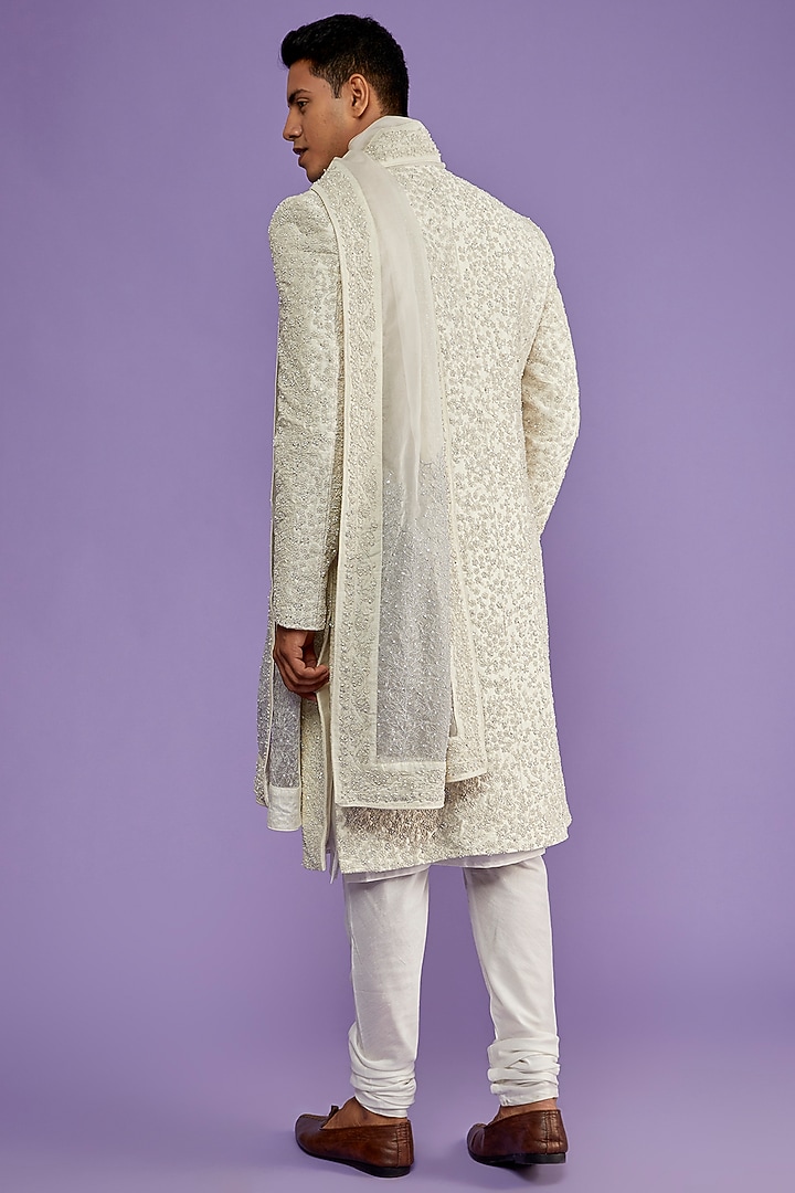 Ivory Raw Silk Embroidered Groom Sherwani Set by Sarab Khanijou at Pernia's Pop Up Shop