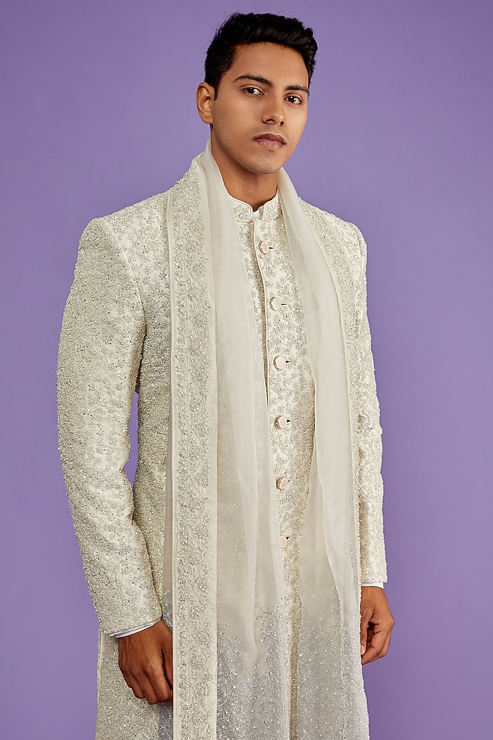 Ivory Raw Silk Embroidered Groom Sherwani Set by Sarab Khanijou at Pernia's Pop Up Shop