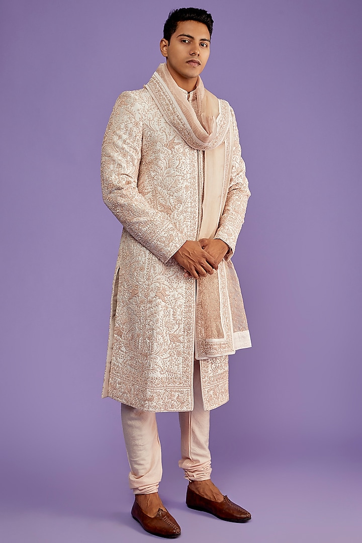 Onion Pink Raw Silk Embroidered Sherwani Set by Sarab Khanijou