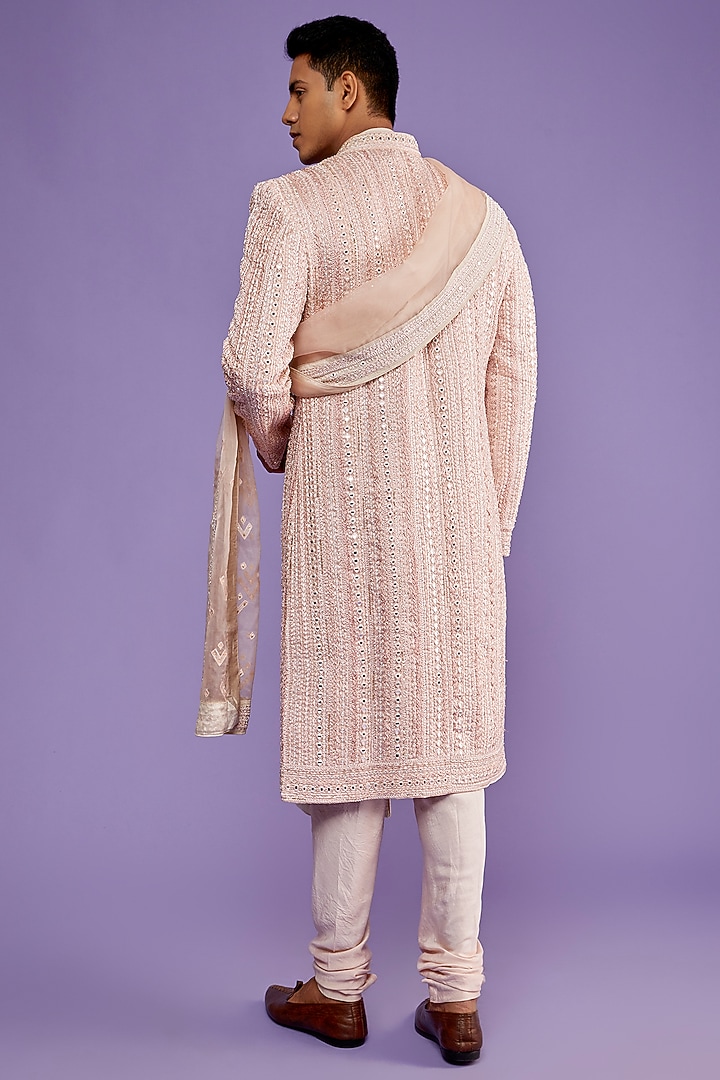 Peach Organza Mirror Embroidered Groom Sherwani Set by Sarab Khanijou at Pernia's Pop Up Shop