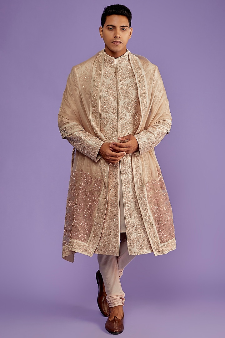 Dusty Rose Raw Silk Embroidered Sherwani Set by Sarab Khanijou