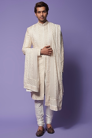 Ivory Organza Zari Embroidered Sherwani Set by Sarab Khanijou