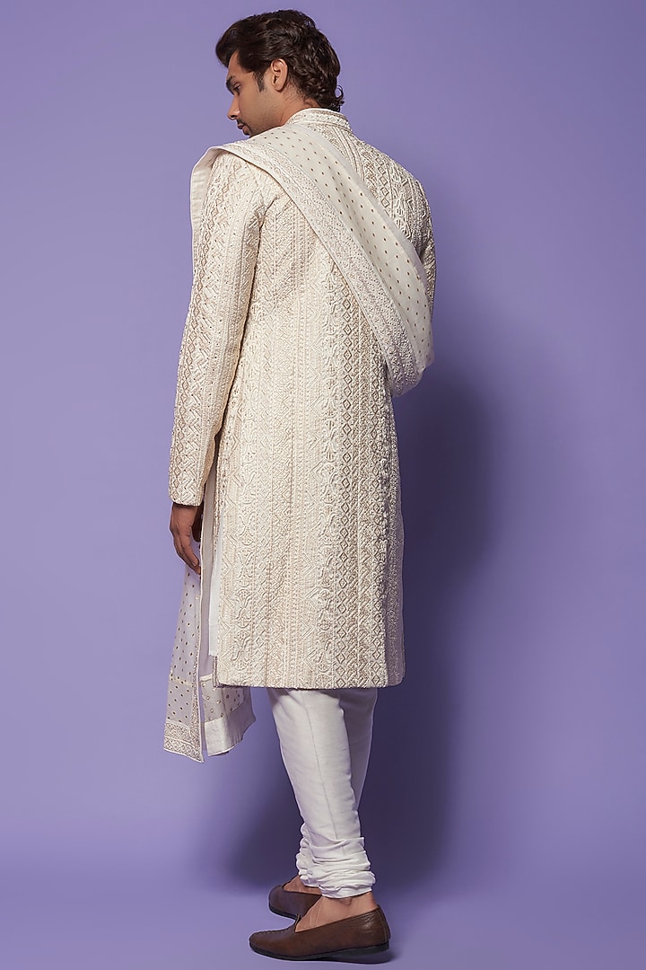 Ivory Organza Zari Embroidered Groom Sherwani Set by Sarab Khanijou at Pernia's Pop Up Shop