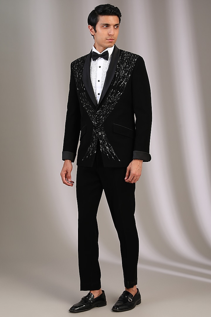 Black Velvet Sequins & Pearl Embroidered Tuxedo Set by Sarab Khanijou