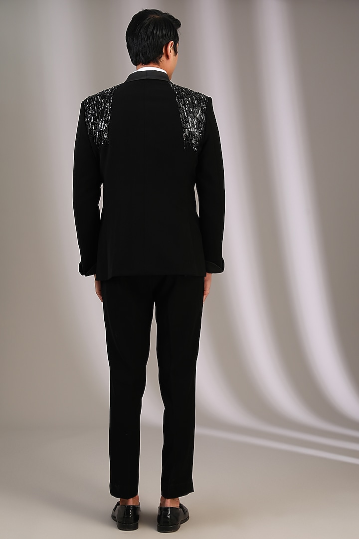Black Velvet Sequins & Pearl Embroidered Tuxedo Set by Sarab Khanijou at Pernia's Pop Up Shop