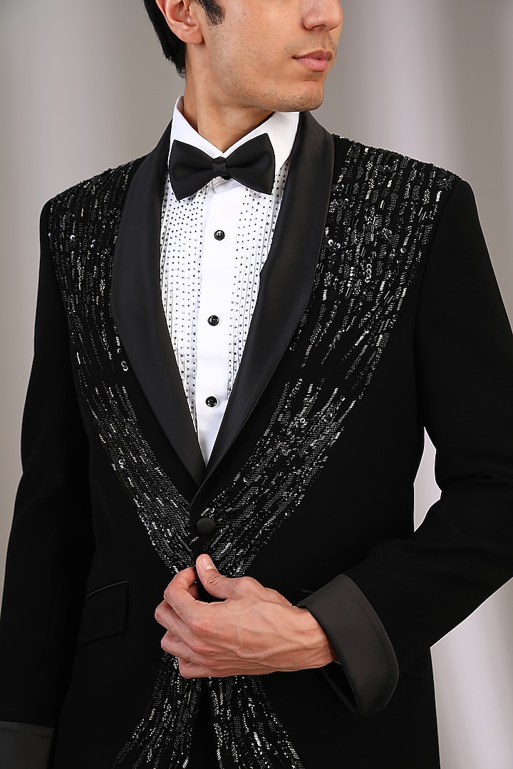 Black Velvet Sequins & Pearl Embroidered Tuxedo Set by Sarab Khanijou at Pernia's Pop Up Shop