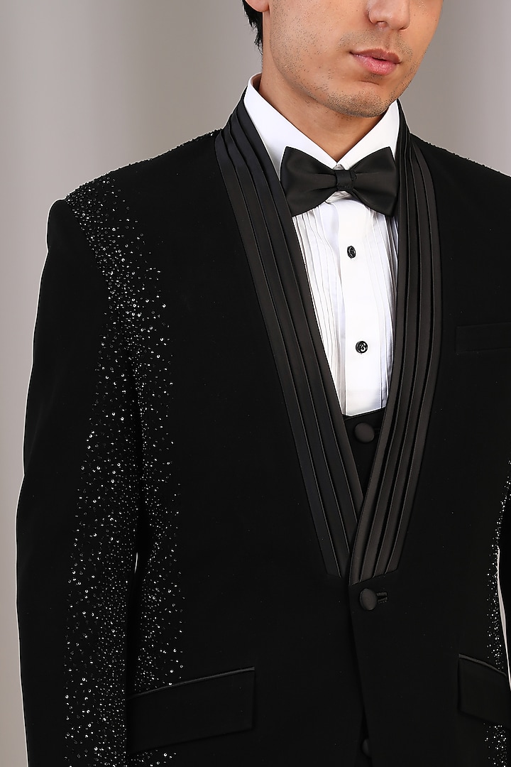 Black Velvet Pearl Embroidered Tuxedo Set by Sarab Khanijou at Pernia's Pop Up Shop