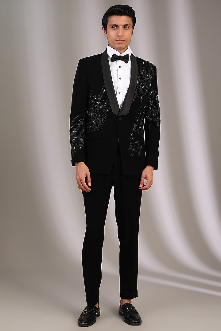 Black Velvet Sequins & Pearl Embroidered Tuxedo Set by Sarab Khanijou