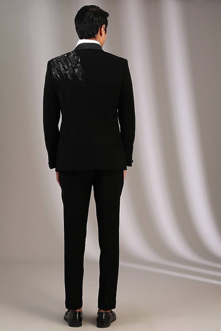 Black Velvet Sequins & Pearl Embroidered Tuxedo Set by Sarab Khanijou at Pernia's Pop Up Shop