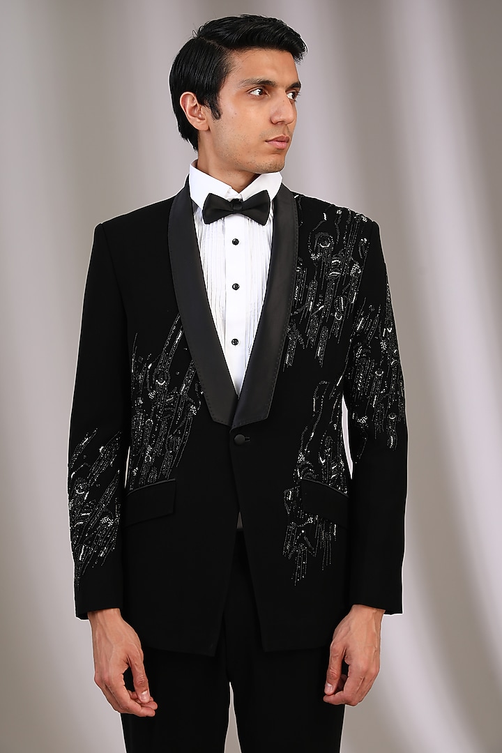Black Velvet Sequins & Pearl Embroidered Tuxedo Set by Sarab Khanijou at Pernia's Pop Up Shop