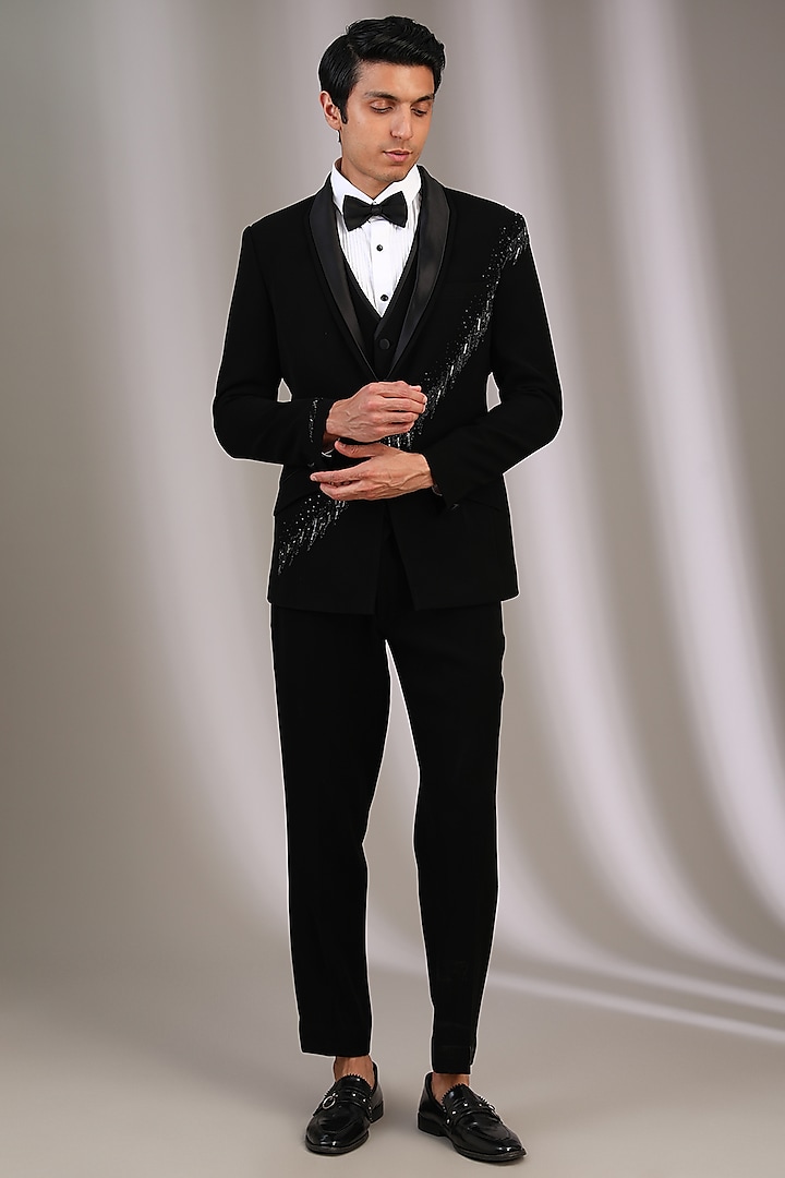 Black Velvet Pearl Embroidered Tuxedo Set by Sarab Khanijou at Pernia's Pop Up Shop