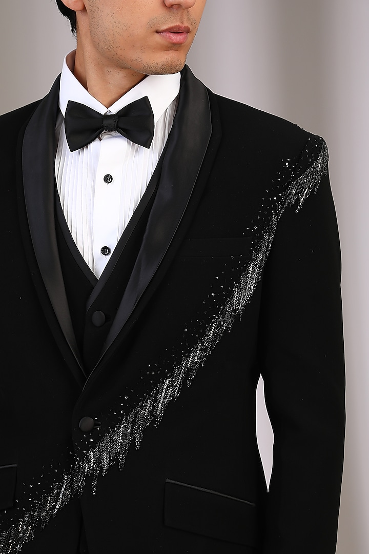 Black Velvet Pearl Embroidered Tuxedo Set by Sarab Khanijou at Pernia's Pop Up Shop
