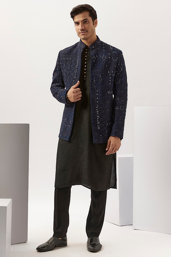 Navy Blue Silk Embroidered Indo-Western Jacket by Sarab Khanijou