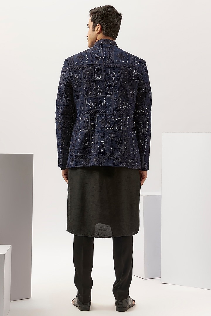 Navy Blue Silk Embroidered Indo-Western Jacket by Sarab Khanijou at Pernia's Pop Up Shop