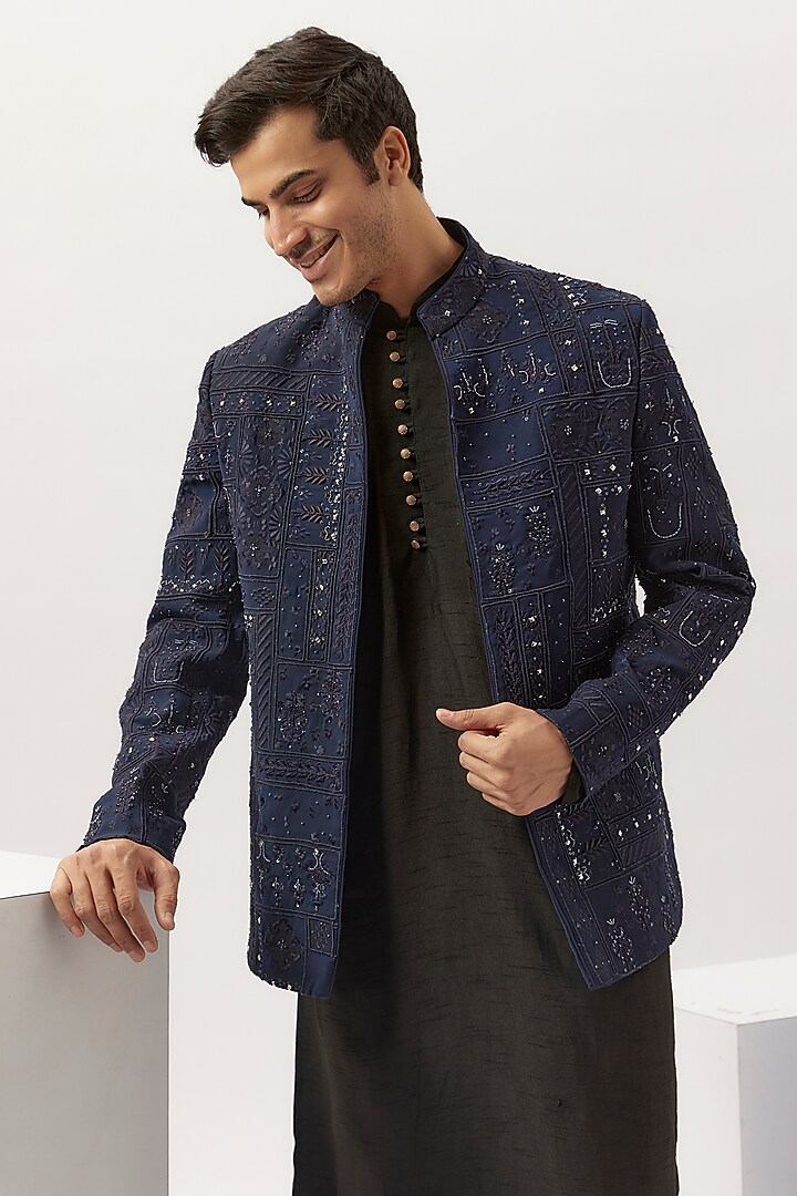 Navy Blue Silk Embroidered Indo-Western Jacket by Sarab Khanijou at Pernia's Pop Up Shop