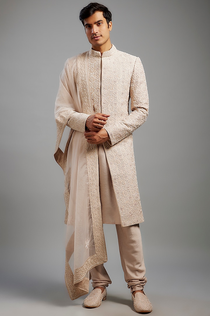 Dusty Rose Silk & Kota Mirror Work Sherwani Set by Sarab Khanijou