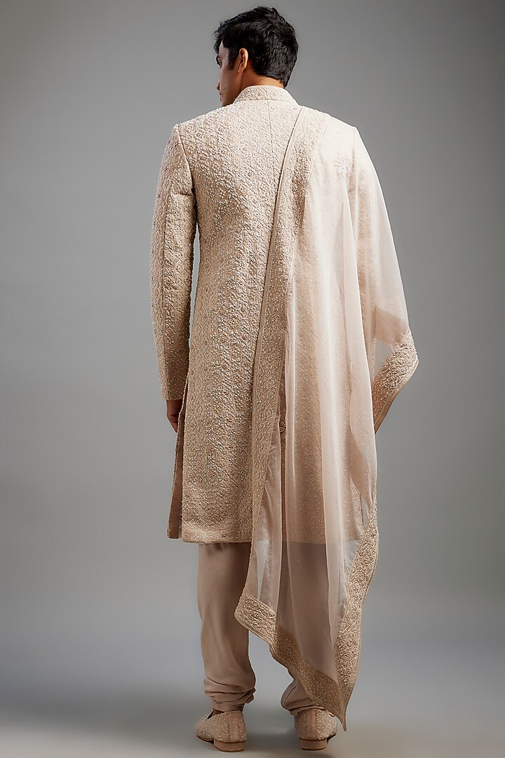 Dusty Rose Silk & Kota Mirror Work Sherwani Set by Sarab Khanijou at Pernia's Pop Up Shop