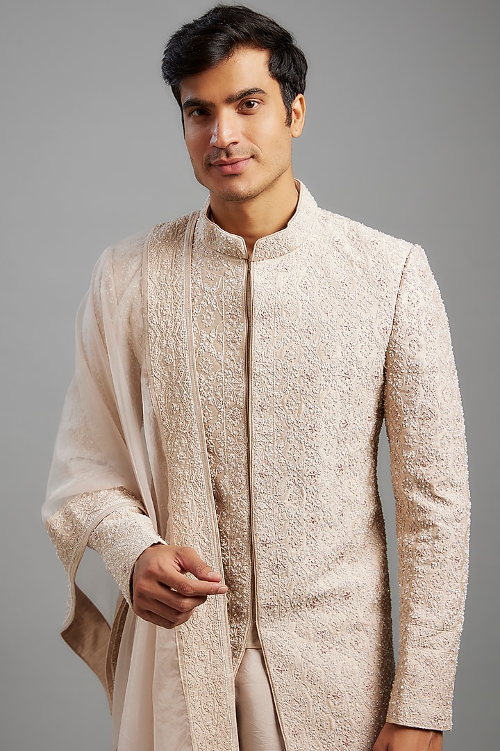 Dusty Rose Silk & Kota Mirror Work Sherwani Set by Sarab Khanijou at Pernia's Pop Up Shop