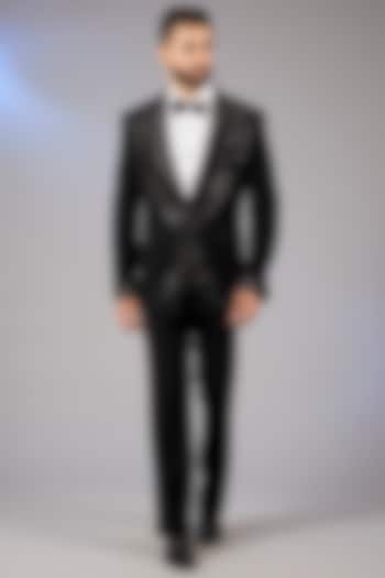 Black Sandwash Embroidered Tuxedo Set by Sarab Khanijou at Pernia's Pop Up Shop