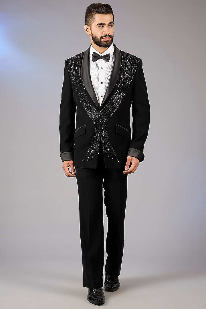Black Sandwash Embroidered Tuxedo Set by Sarab Khanijou at Pernia's Pop Up Shop