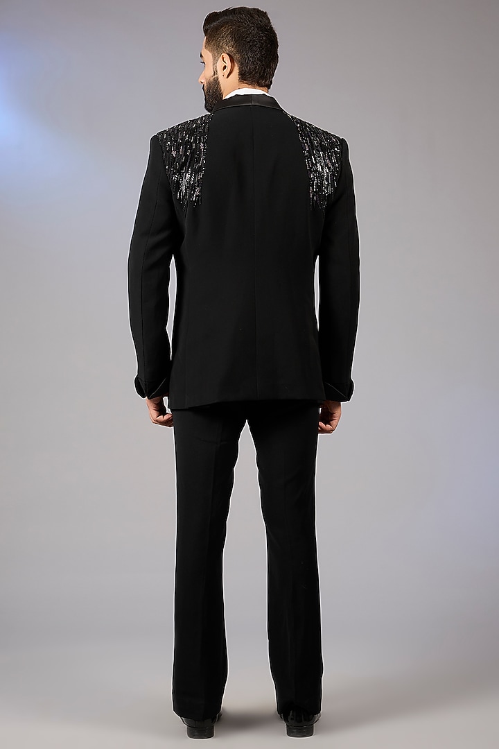 Black Sandwash Embroidered Tuxedo Set by Sarab Khanijou at Pernia's Pop Up Shop