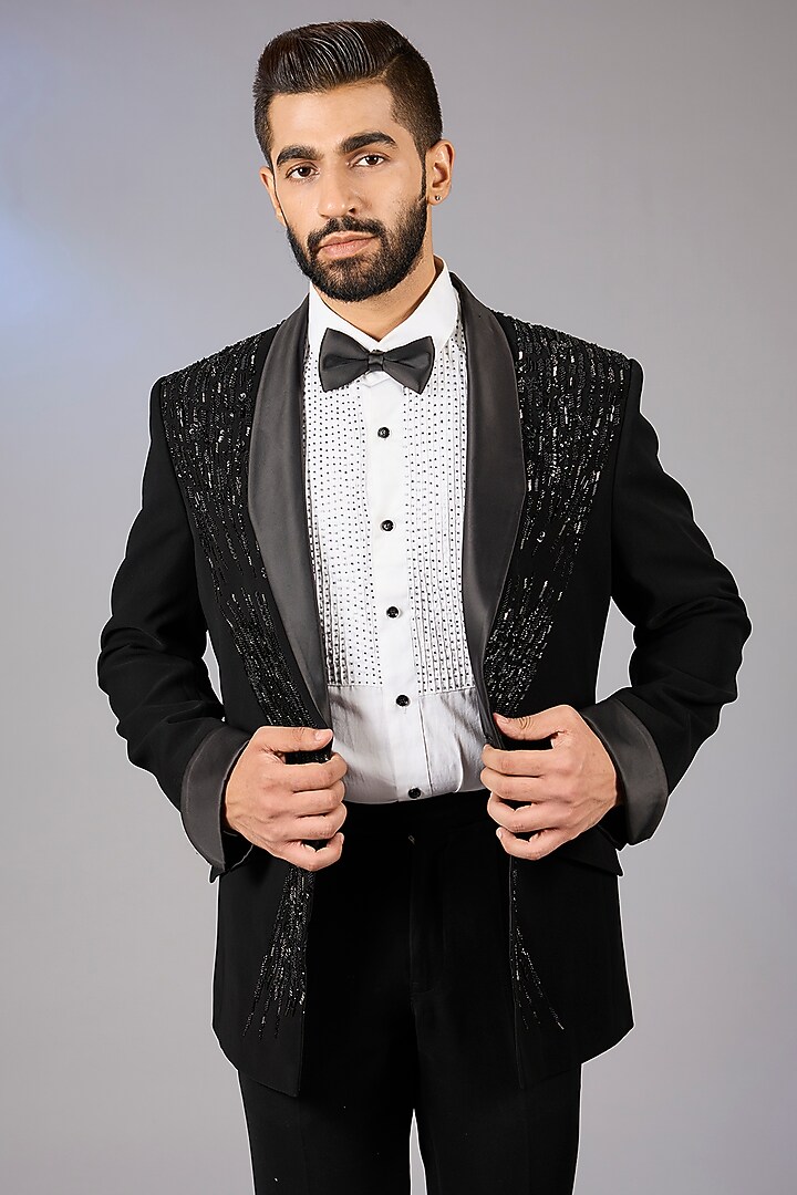 Black Sandwash Embroidered Tuxedo Set by Sarab Khanijou at Pernia's Pop Up Shop