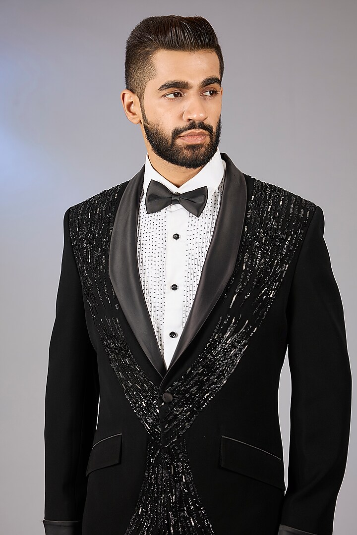 Black Sandwash Embroidered Tuxedo Set by Sarab Khanijou at Pernia's Pop Up Shop