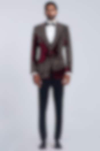 Wine Velvet Embroidered Tuxedo Set by Sarab Khanijou at Pernia's Pop Up Shop