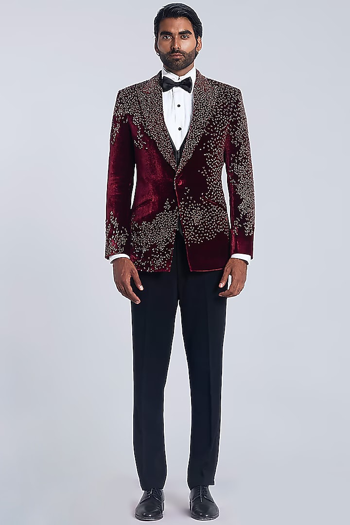 Wine Velvet Embroidered Tuxedo Set by Sarab Khanijou at Pernia's Pop Up Shop