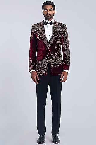 Wine Velvet Embroidered Tuxedo Set by Sarab Khanijou
