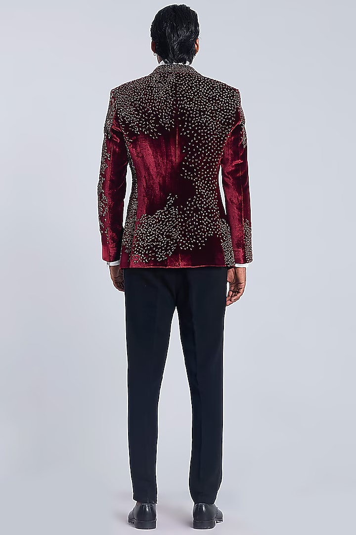 Wine Velvet Embroidered Tuxedo Set by Sarab Khanijou at Pernia's Pop Up Shop