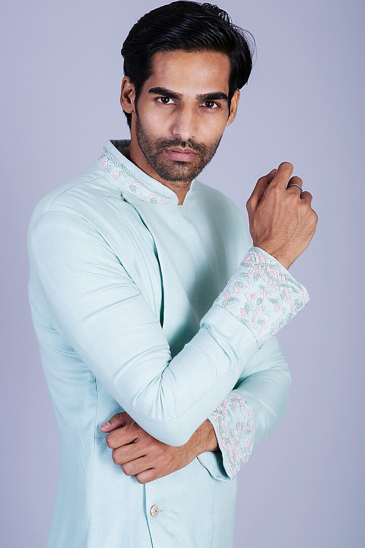 Sky Blue Moss Crepe Asymmetrical Kurta Set by Sarab Khanijou at Pernia's Pop Up Shop