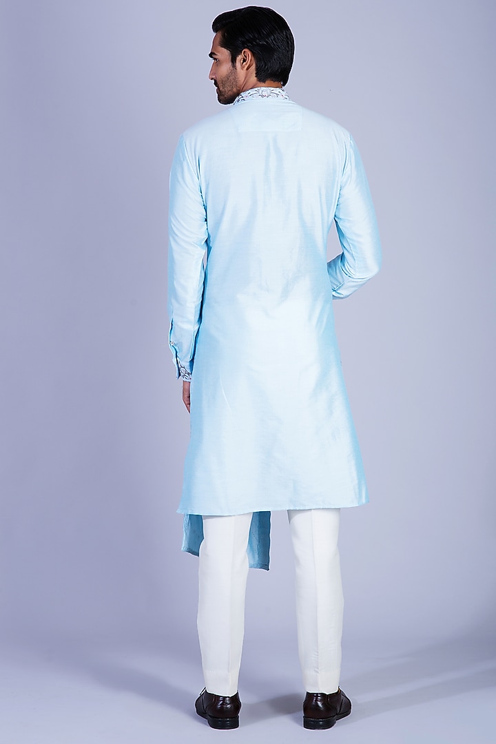 Sky Blue Cotton Silk Asymmetrical Kurta Set by Sarab Khanijou at Pernia's Pop Up Shop