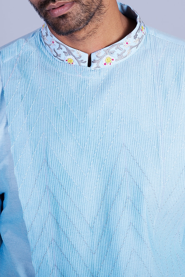 Sky Blue Cotton Silk Asymmetrical Kurta Set by Sarab Khanijou at Pernia's Pop Up Shop