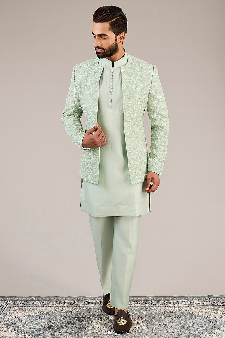 Mint Silk Threadwork Indowestern Set by Sarab Khanijou