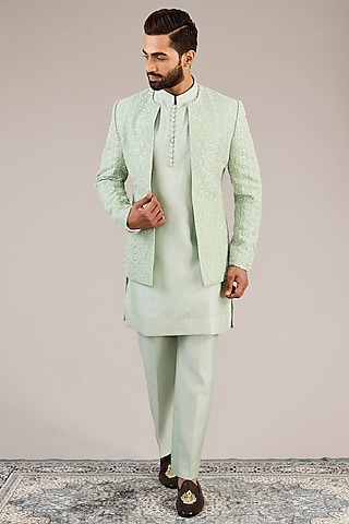 Mint Silk Threadwork Indowestern Set by Sarab Khanijou