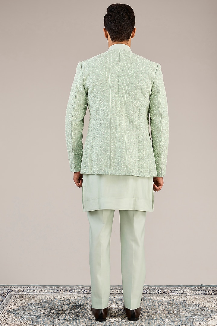 Mint Silk Threadwork Groom Indowestern Set by Sarab Khanijou at Pernia's Pop Up Shop