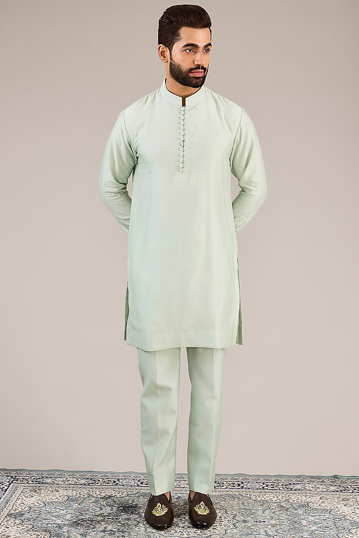 Mint Silk Threadwork Groom Indowestern Set by Sarab Khanijou at Pernia's Pop Up Shop
