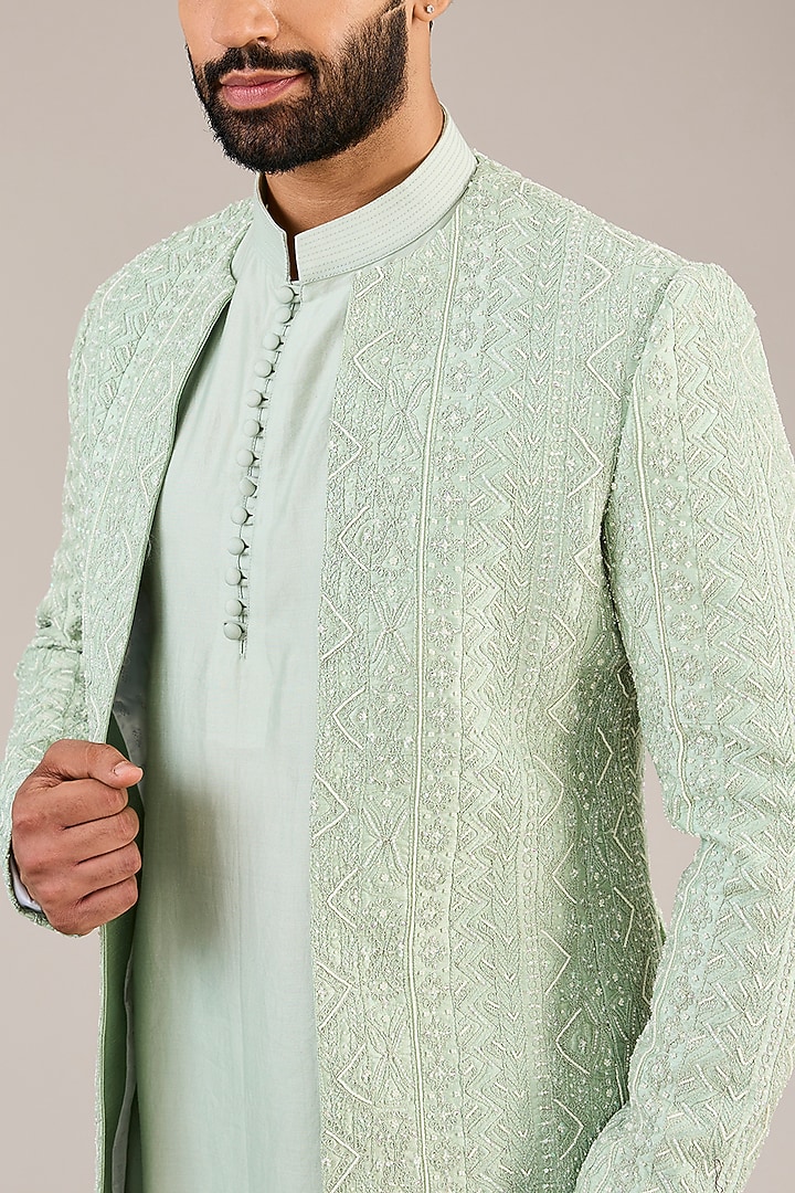 Mint Silk Threadwork Groom Indowestern Set by Sarab Khanijou at Pernia's Pop Up Shop