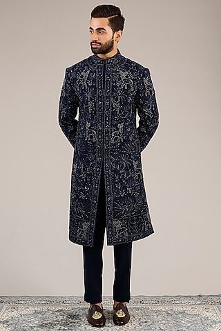 Navy Blue Silk Embroidered Indowestern Set by Sarab Khanijou