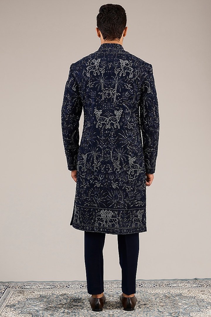 Navy Blue Silk Embroidered Groom Indowestern Set by Sarab Khanijou at Pernia's Pop Up Shop